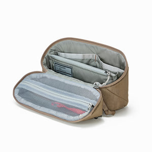 Open CIVIC Access Pouch 2L in Fossil Brown travel pouch with gray interior on a white background