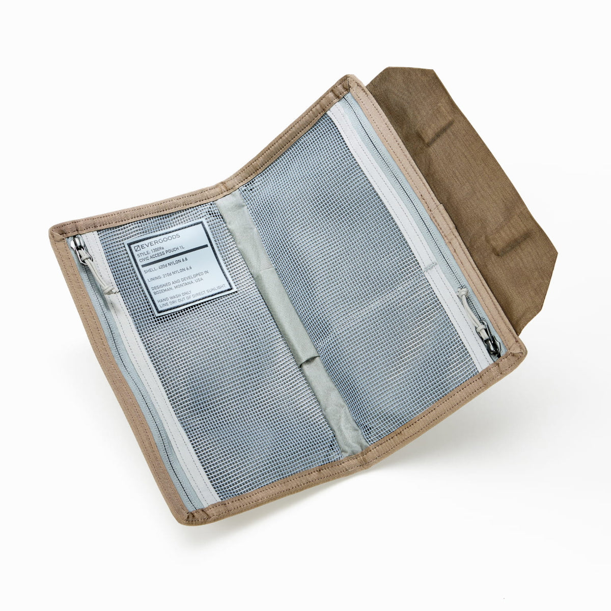 CIVIC Access Pouch 1L in Fossil Brown -  travel organizer with a mesh pocket on a white background