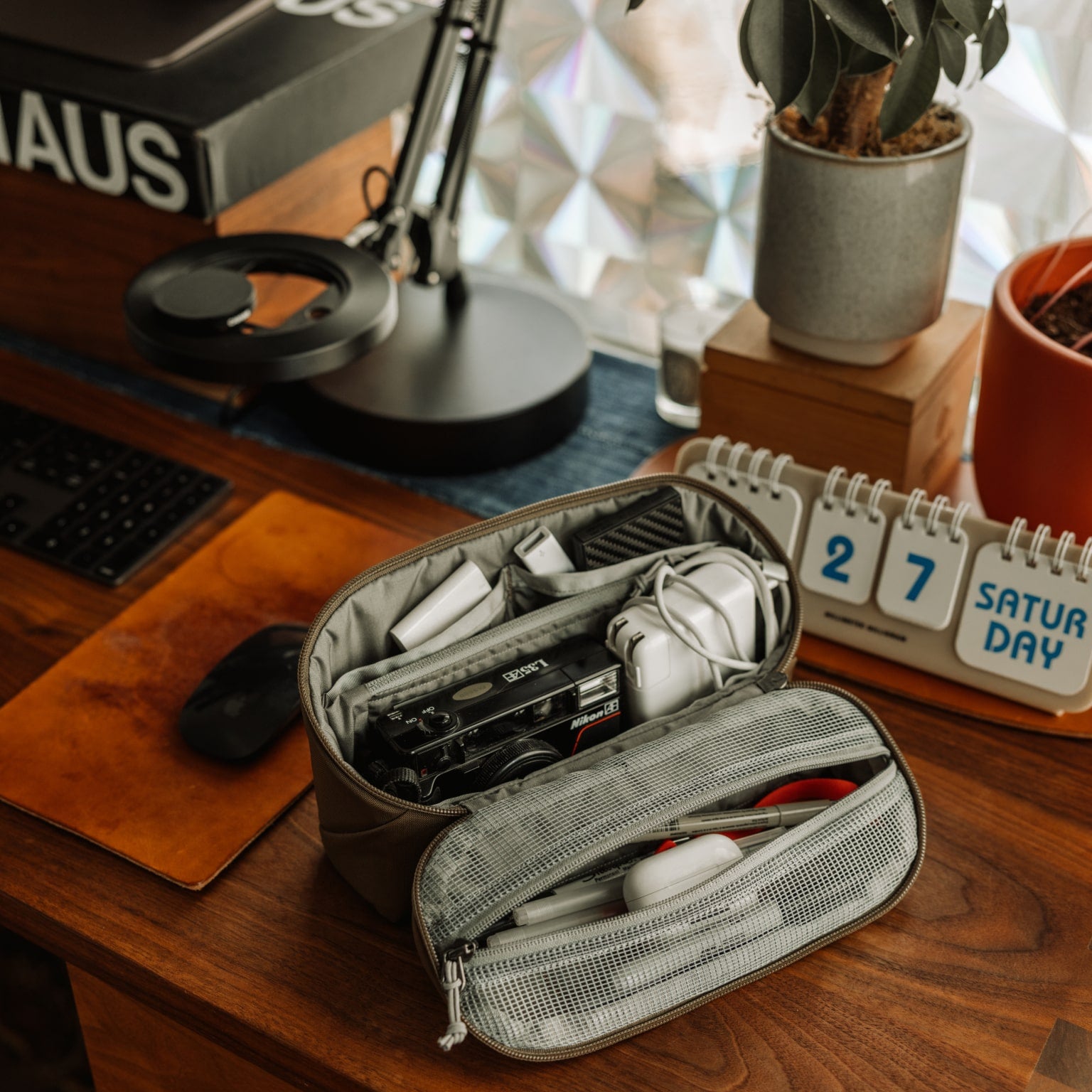 CIVIC Access Pouch 2L in Coyote Brown open on desk caddy