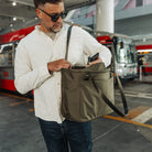 CIVIC Daily Tote 24L in OD Green - CDT24 - shoulder carry, quick access main opening - model height 6'2" - 188cm CIVIC Daily Tote 24L in OD Green - CDT24 - shoulder carry, quick access main opening - model height 6'2" - 188cm [13024a-ODG