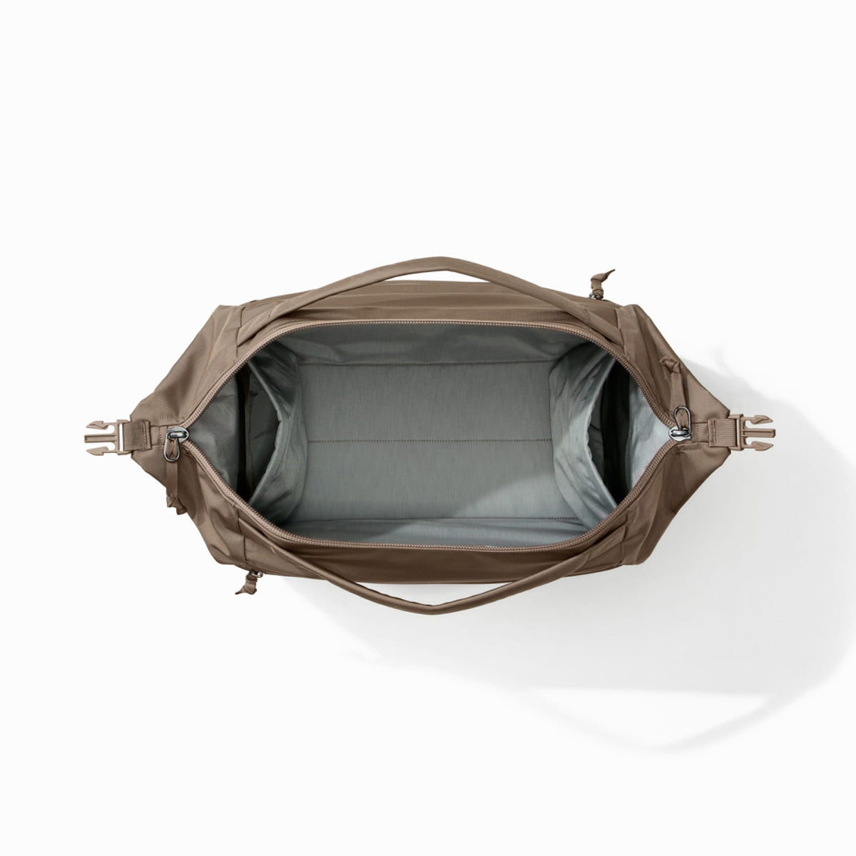 Transit Duffel 25L in Fossil Brown - wide open and unpacked top view [13023d-FBN]