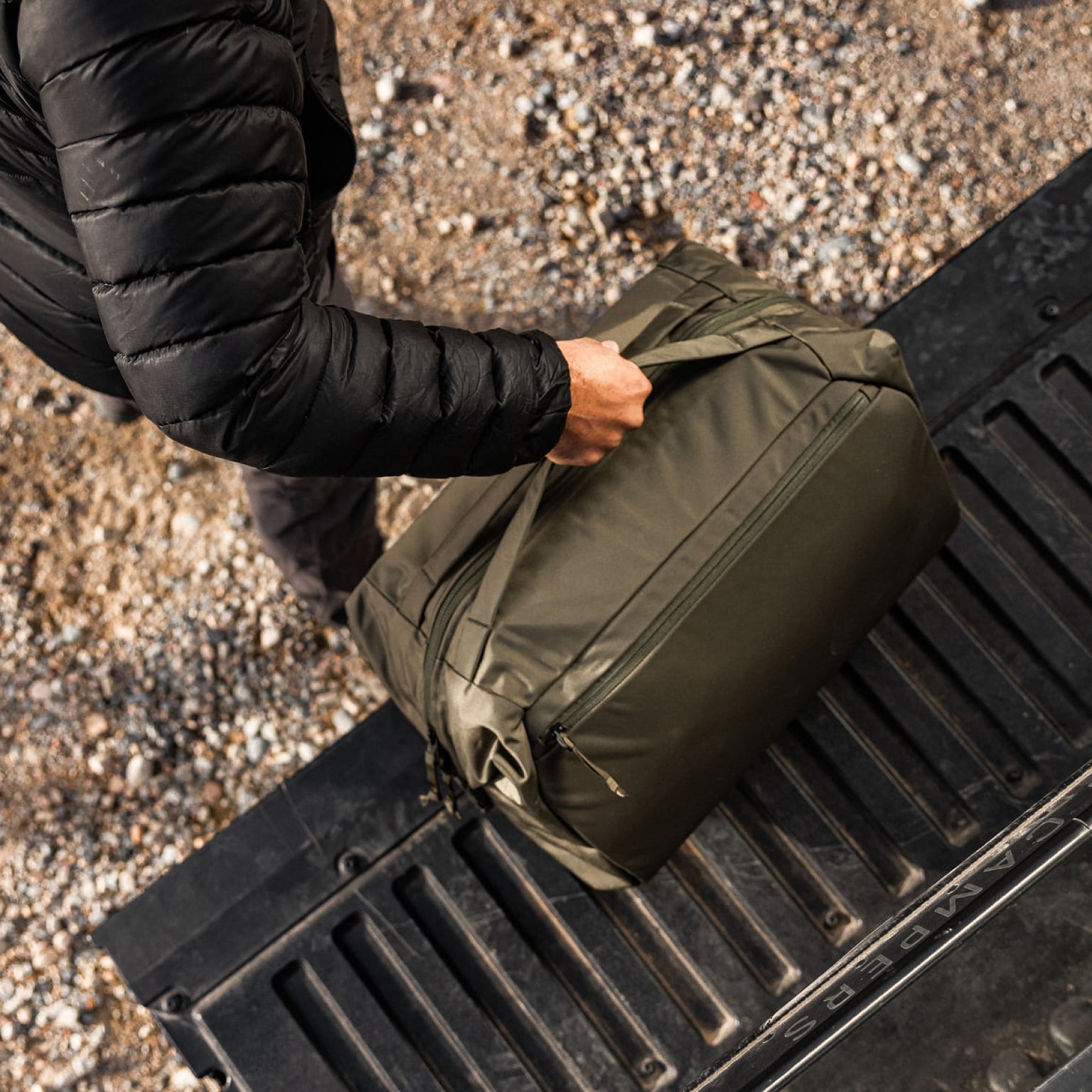 Transit Duffel 35L TD35 - OD Green on Truck Bed