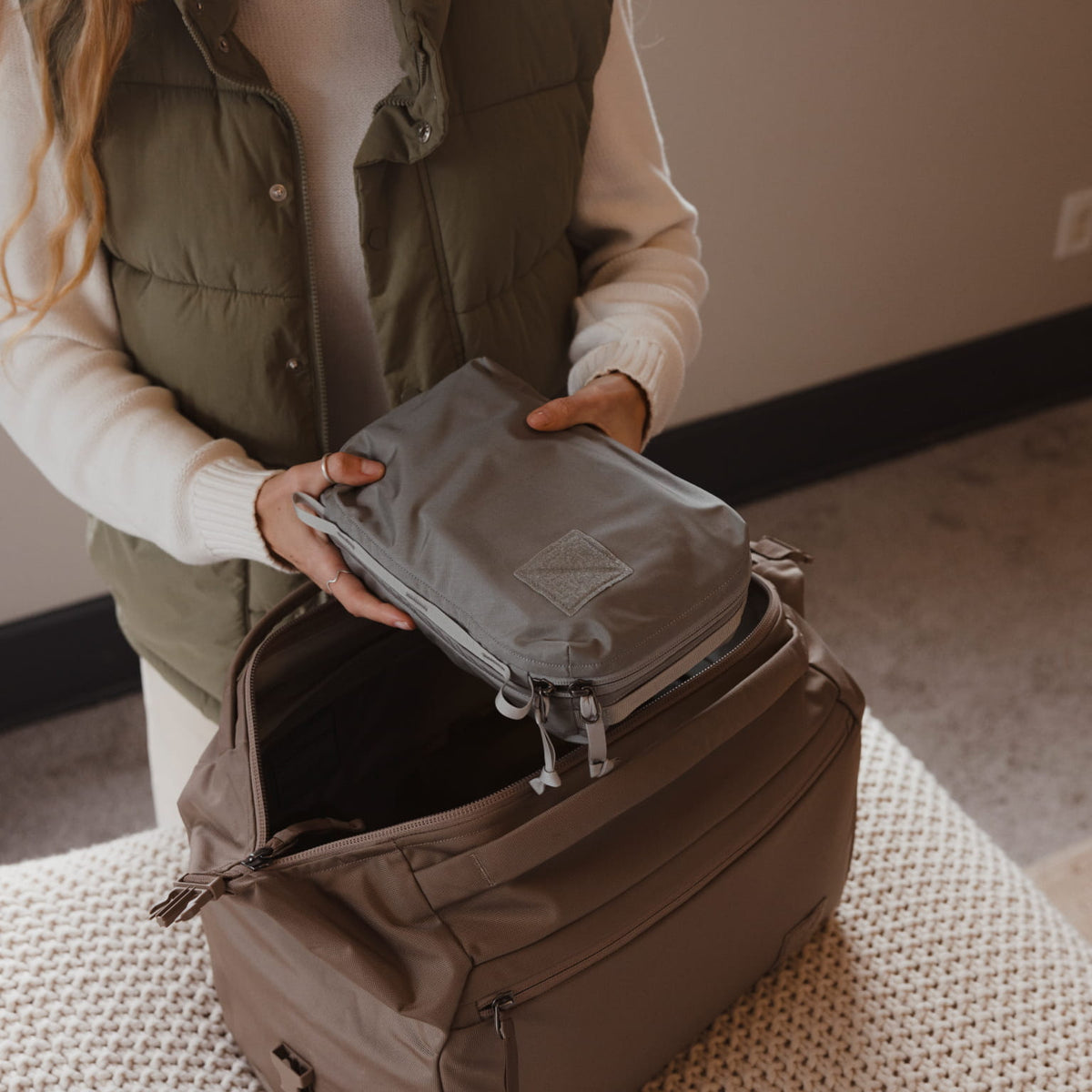 Transit Packing Cube 4L in Standard Gray - packed into transit duffel fossil brown [13026a-STG]